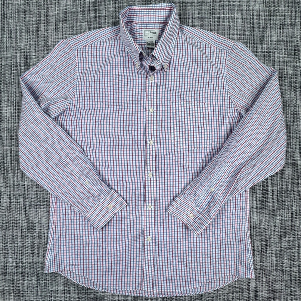 LL Bean Mens Shirt Slim Fit Button Down Tattersall Check Red Blue Cotton 16.5 35